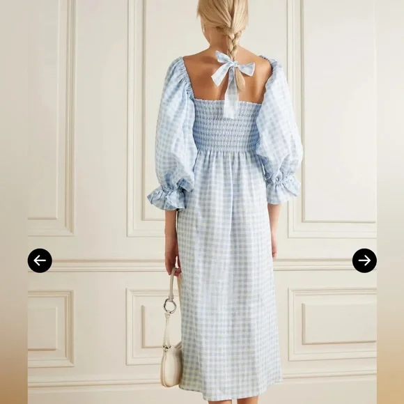 Sleeper- Atlanta Off-The-Shoulder Shirred Linen Midi Dress- Blue & White -Size:S - Picture 2 of 11